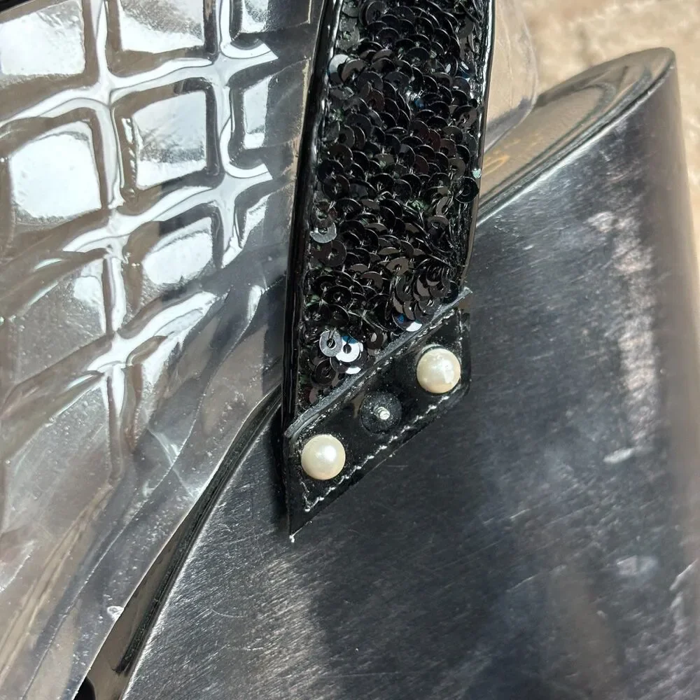 CHANEL 2016 Black Sequin Pearl Studded Wedge Sandals 38.5 Hinged Wood Platform